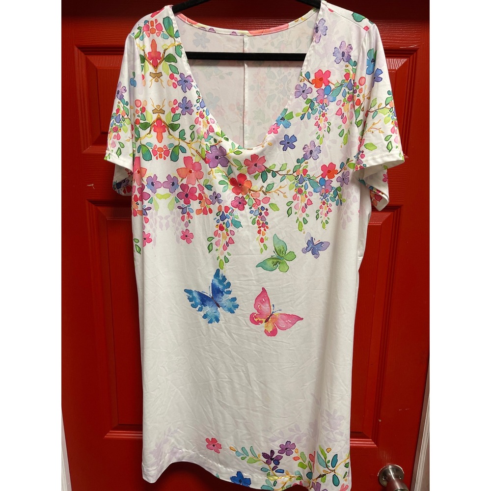 White Floral Butterfly Print V-Neck Short Sleeve Mini Dress 2XL Summer Casual